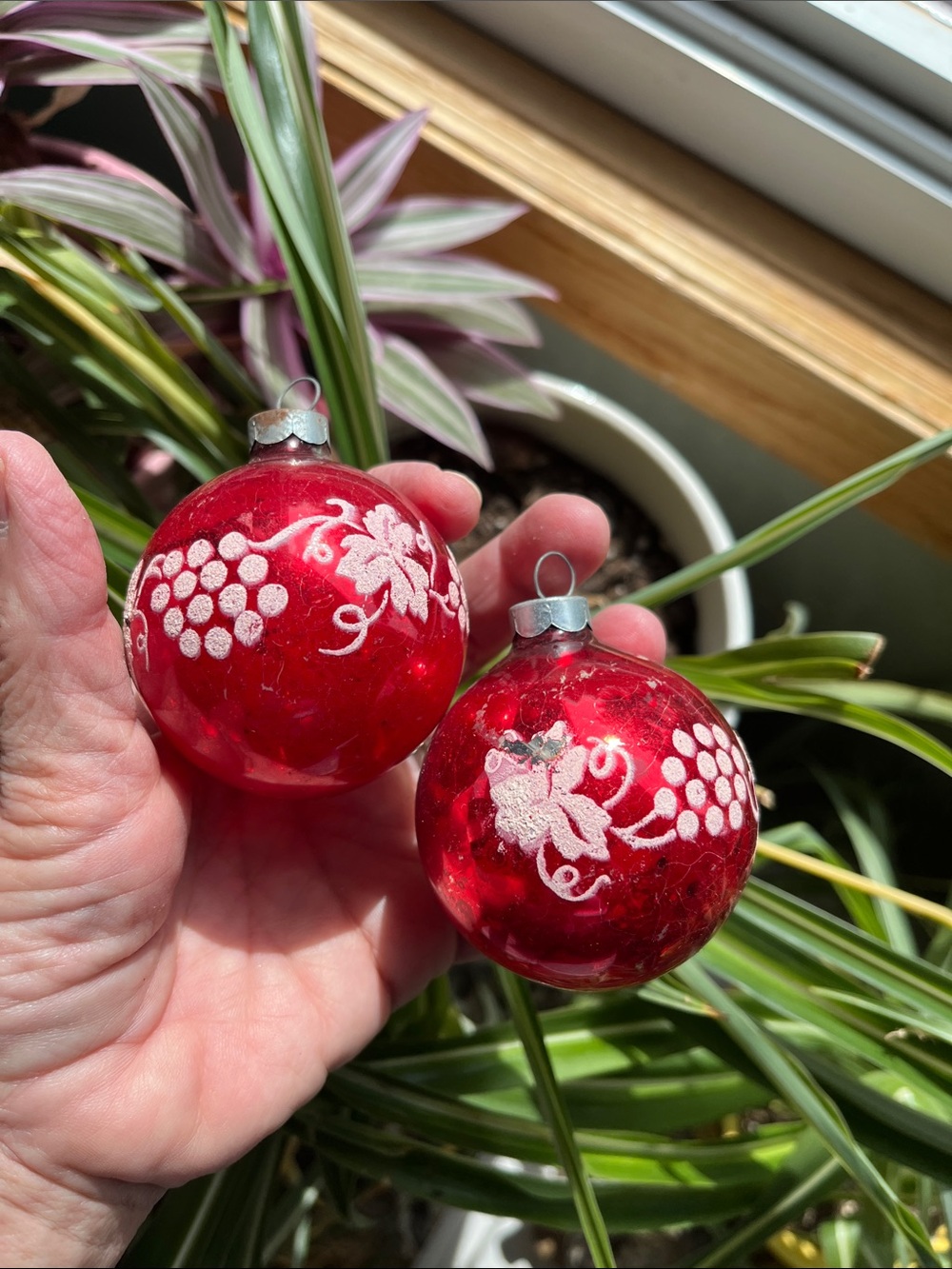 2 Vtg Red Mercury Glass Christmas Ornaments W/White Stenciled Grape Clusters USA